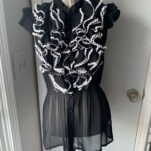 Influence black sheer button up ruffle top. Medium